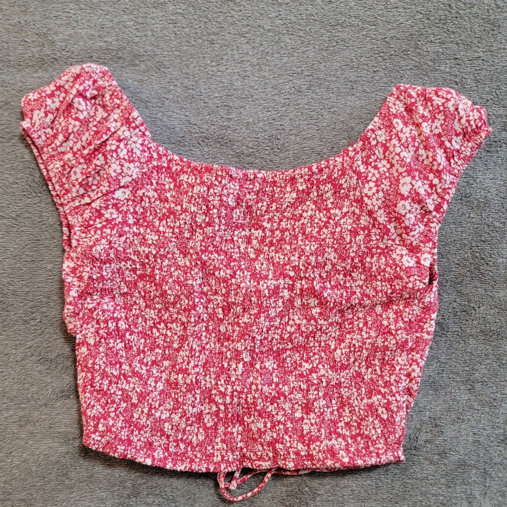 Japna Women's V Neck Cropped Pink Floral Blouse With Bottom Tie Size Small - Picture 3 of 3
